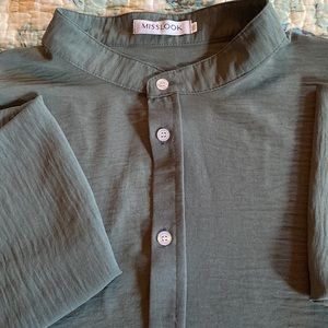 MISSLOOK sage color crinkled silky blouse never worn. Measurements in pics.